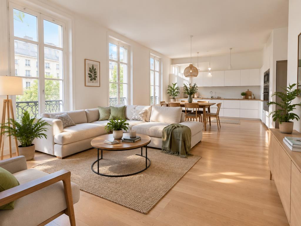 Même pièce après rénovation : séjour lumineux, parquet clair, cuisine moderne