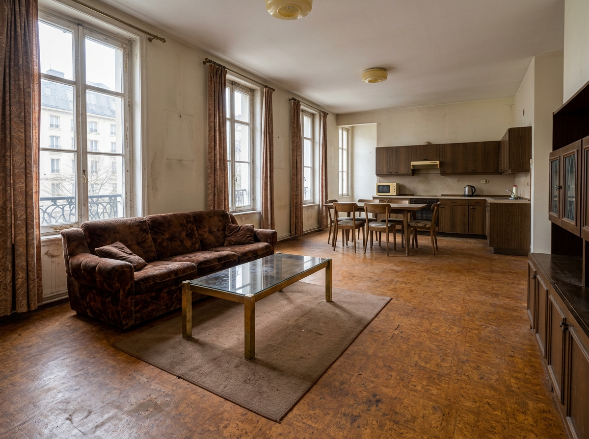Pièce de vie avant rénovation : sol et cuisine vieillots, murs ternes
