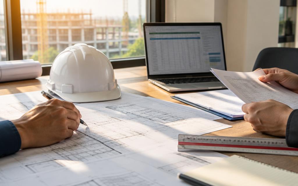 Plans de construction, casque de chantier et documents d'appel d'offres sur un bureau d'entreprise du BTP