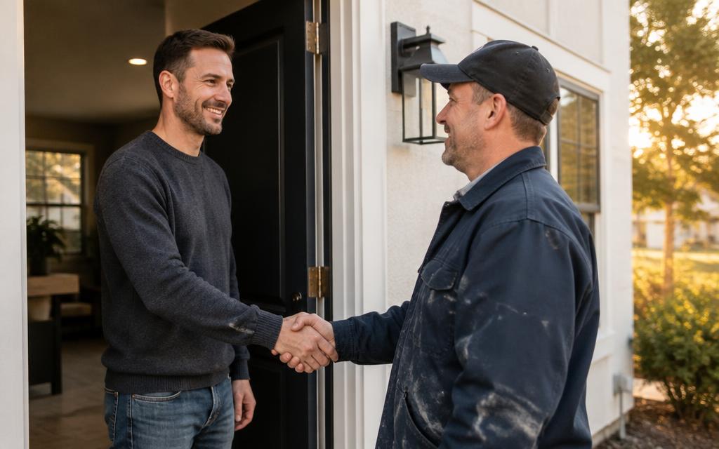 Artisan serrant la main d'un client à l'entrée d'une maison rénovée