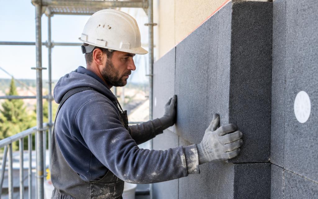 Artisan posant des panneaux d'isolation thermique extérieure sur la façade d'une maison