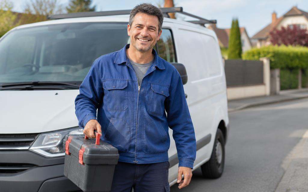 Artisan devant sa fourgonnette avec une caisse à outils, prêt à partir sur un chantier