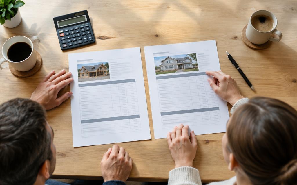 Couple comparant deux devis de travaux imprimés posés sur une table en bois