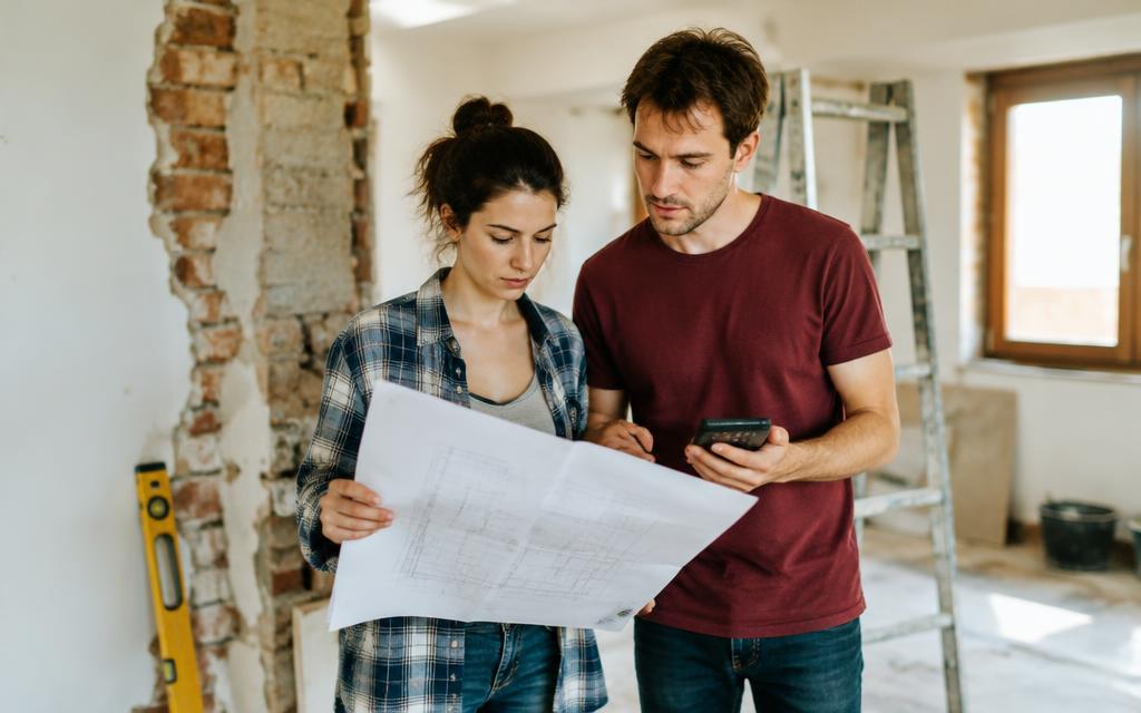 Couple consultant des plans et une calculatrice dans une maison en cours de rénovation