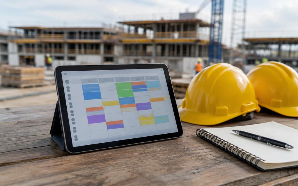 Tablette affichant un planning de chantier posée sur un chantier, avec deux casques jaunes