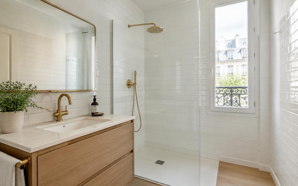 Salle de bain rénovée avec douche à l'italienne, meuble vasque en bois clair et robinetterie laiton