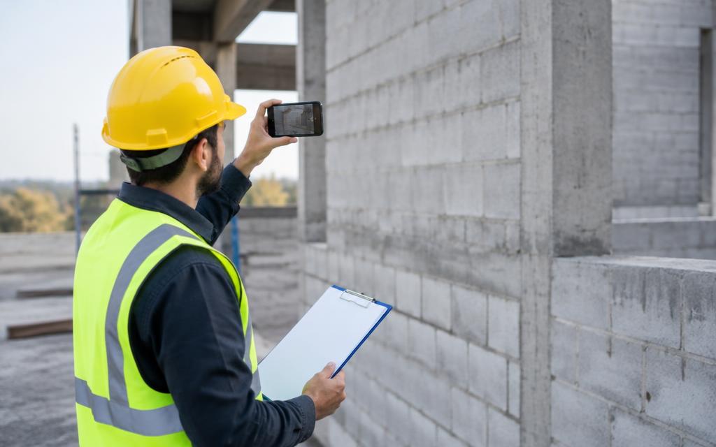 Conducteur de travaux en casque photographiant un mur avec son smartphone sur un chantier